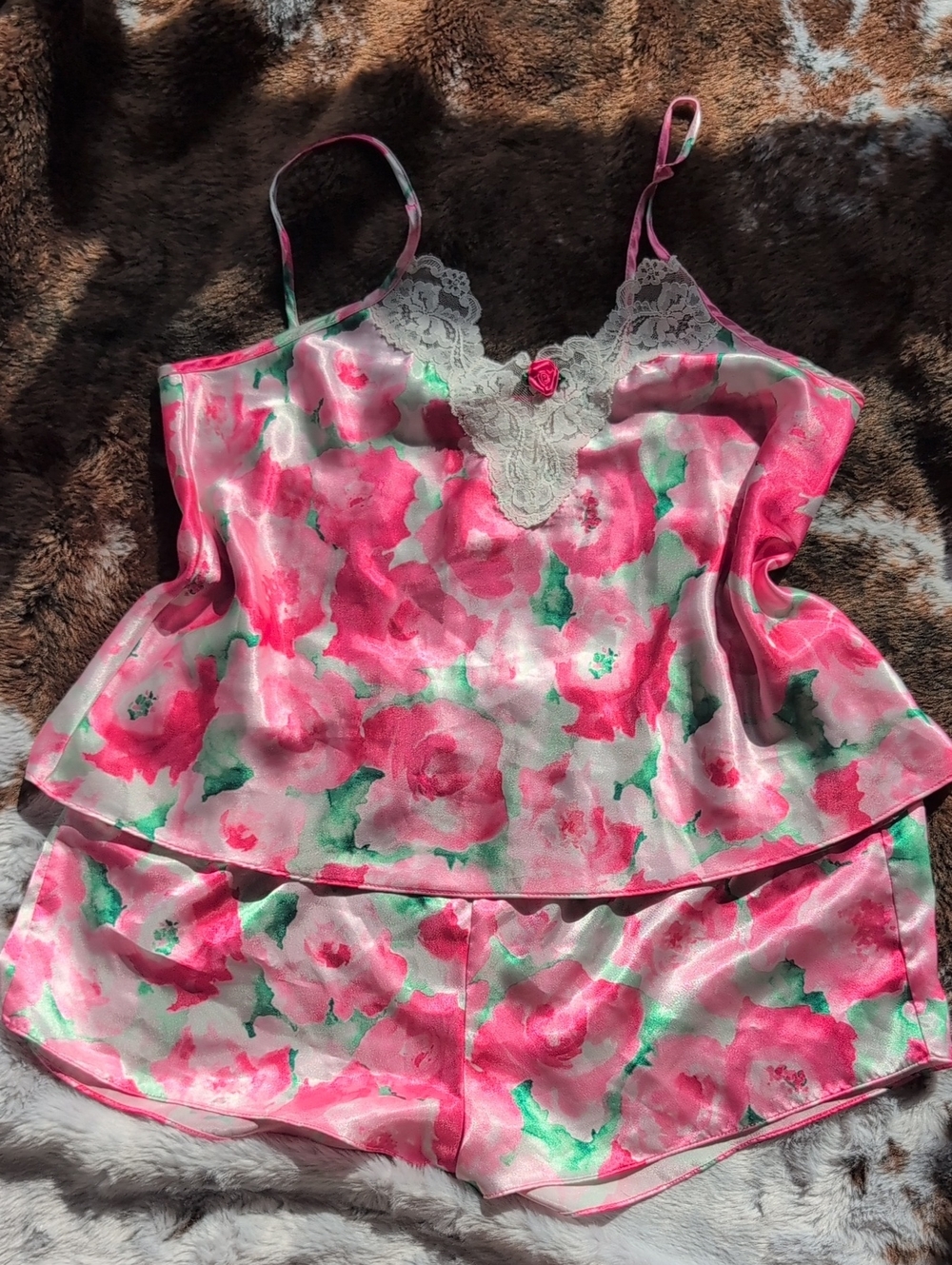 Vintage Inner Most Floral Pink Satin Cami & Short Sleep Set, Size M/L